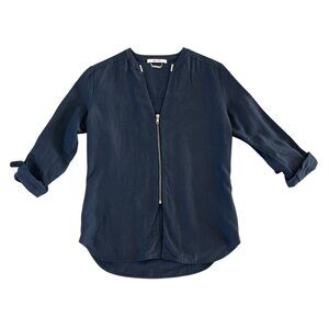 AMS Pure Blue Linen Silk Zipper Womens Top Roll Tab Sleeve US 6 Spain Minimalist